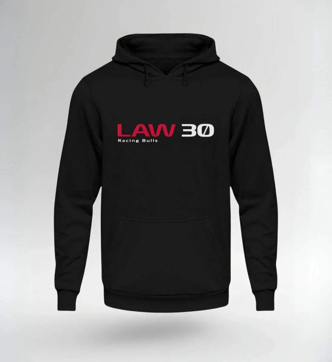 Image of Black NOVAWEAR LAW 30 Motorsport Hoodie with red and white logo, unisex streetwear pullover with hood and kangaroo pocket